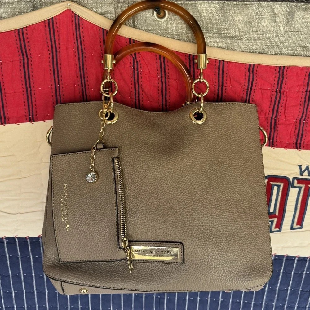 Marc New York‎ Andrew Marc Taupe Purse Shoulder Satchel Handles Gold Hardware